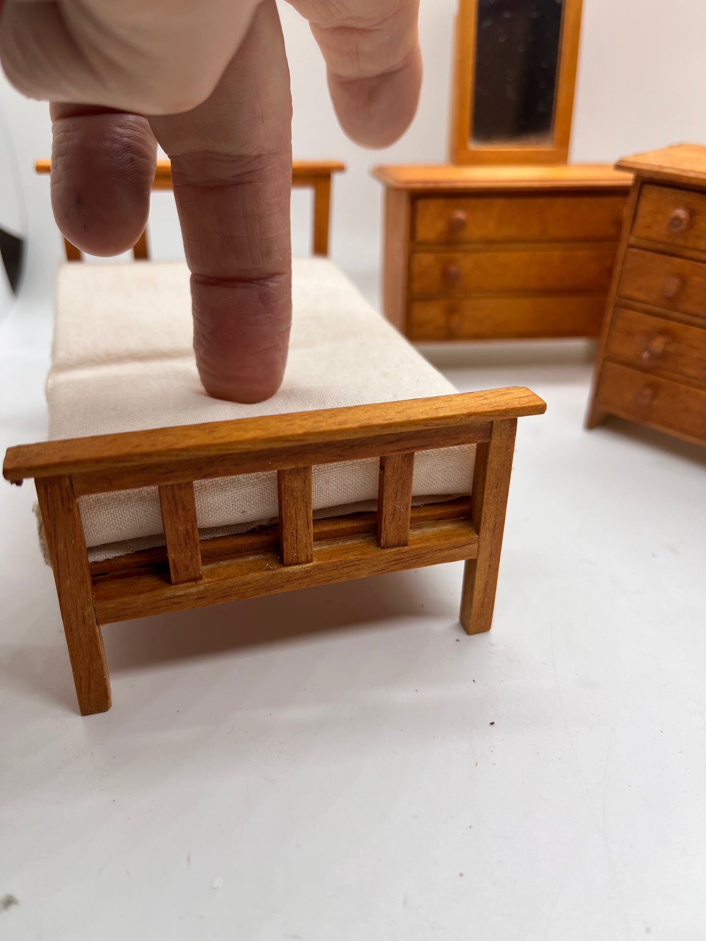 Dolls house bedroom set Wartime? Handmade? Single bed.