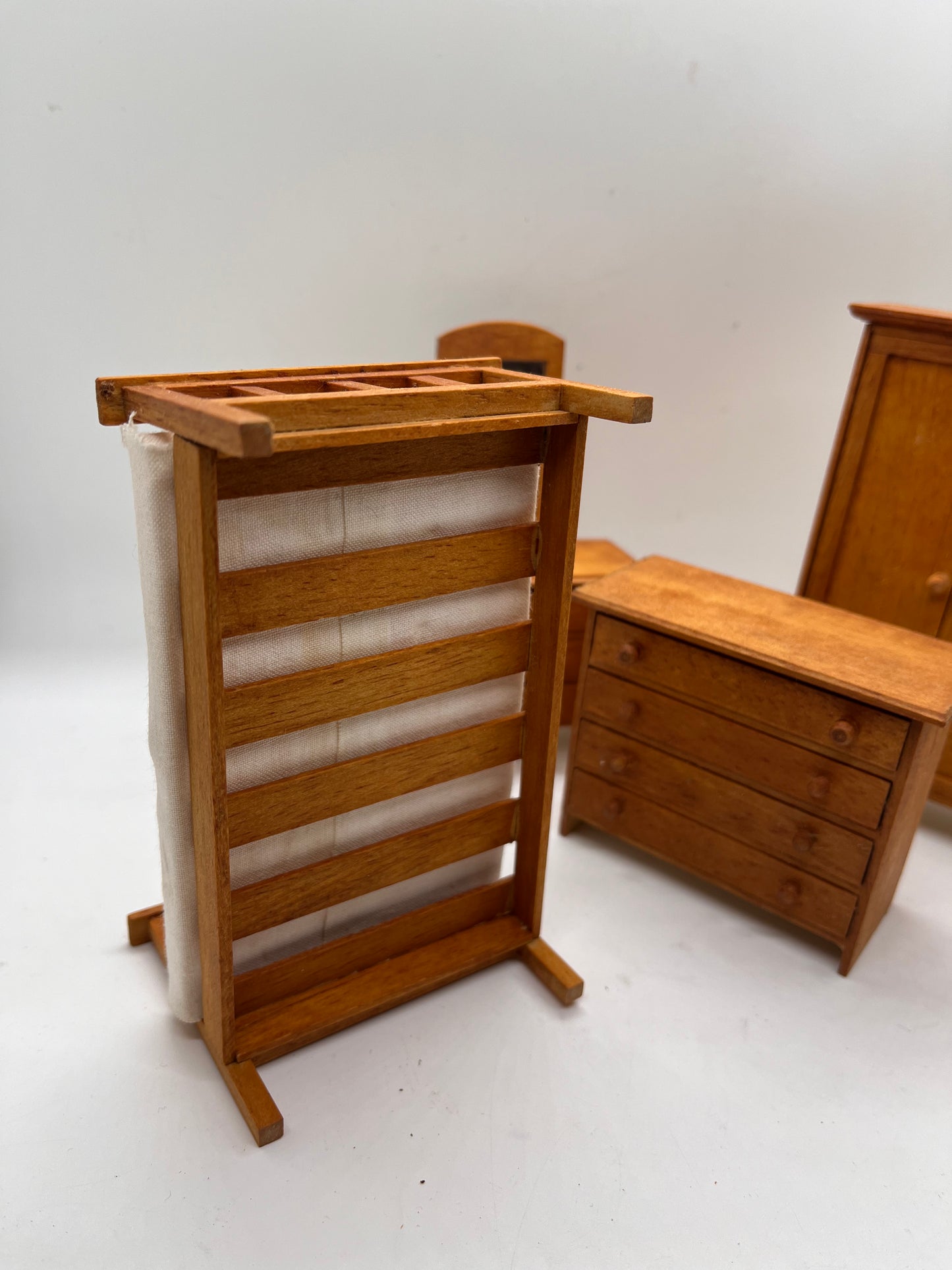 Dolls house bedroom set Wartime? Handmade? Single bed.