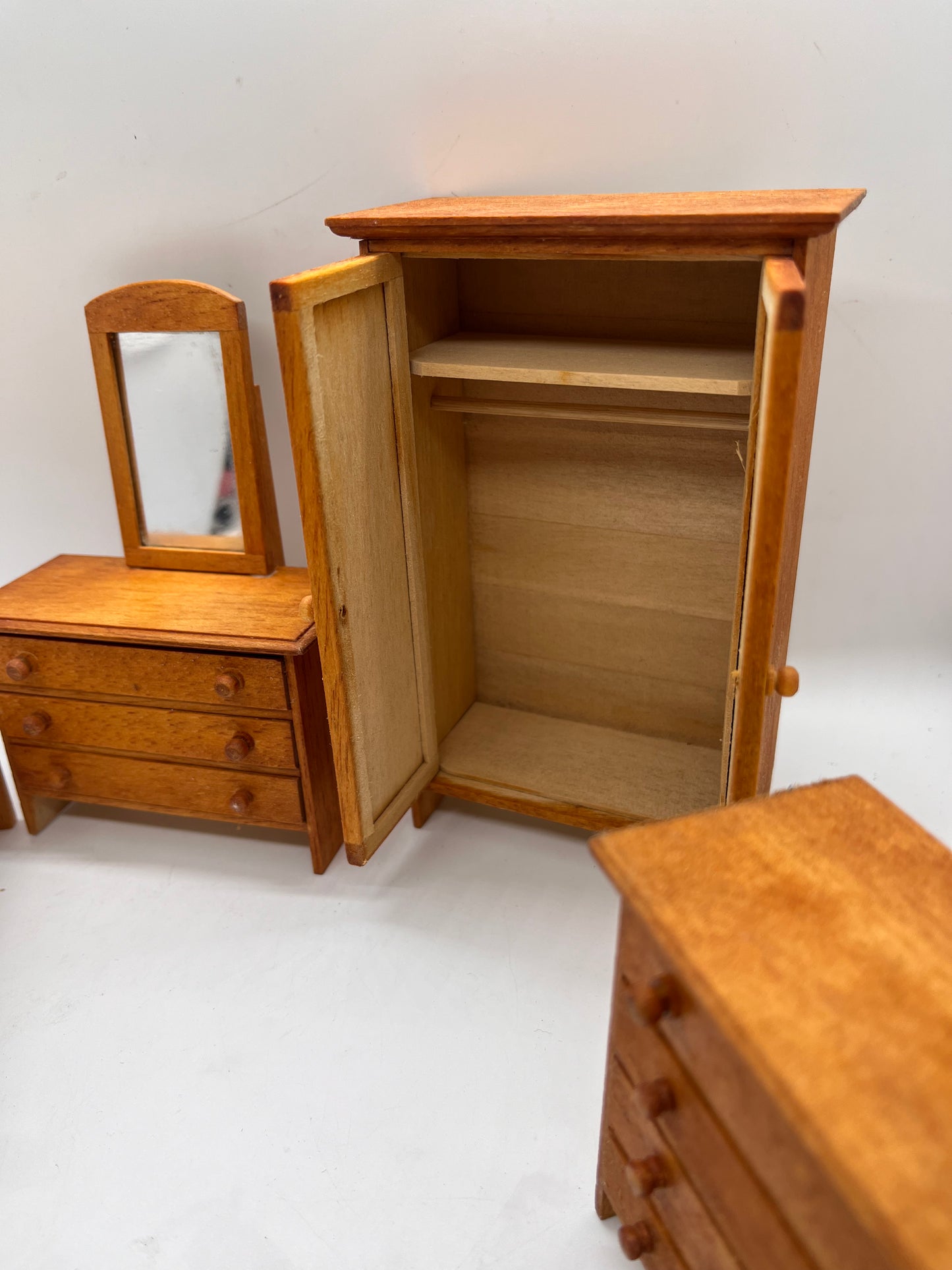 Dolls house bedroom set Wartime? Handmade? Single bed.