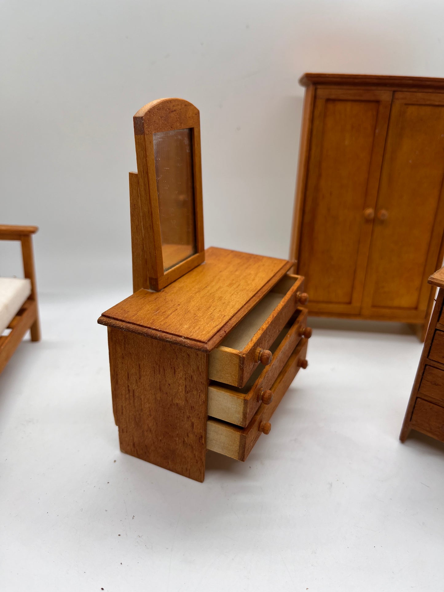Dolls house bedroom set Wartime? Handmade? Single bed.