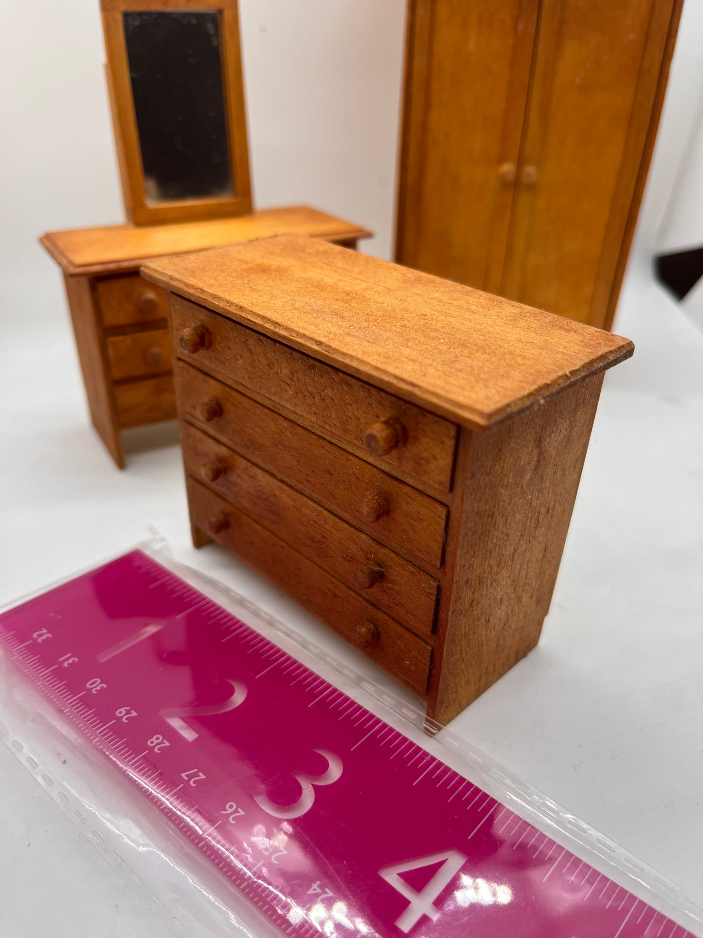 Dolls house bedroom set Wartime? Handmade? Single bed.