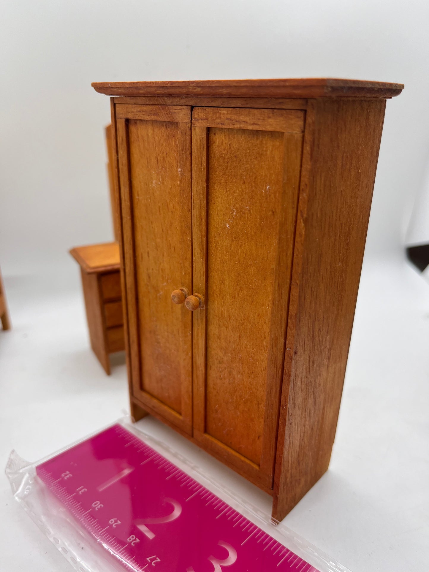 Dolls house bedroom set Wartime? Handmade? Single bed.