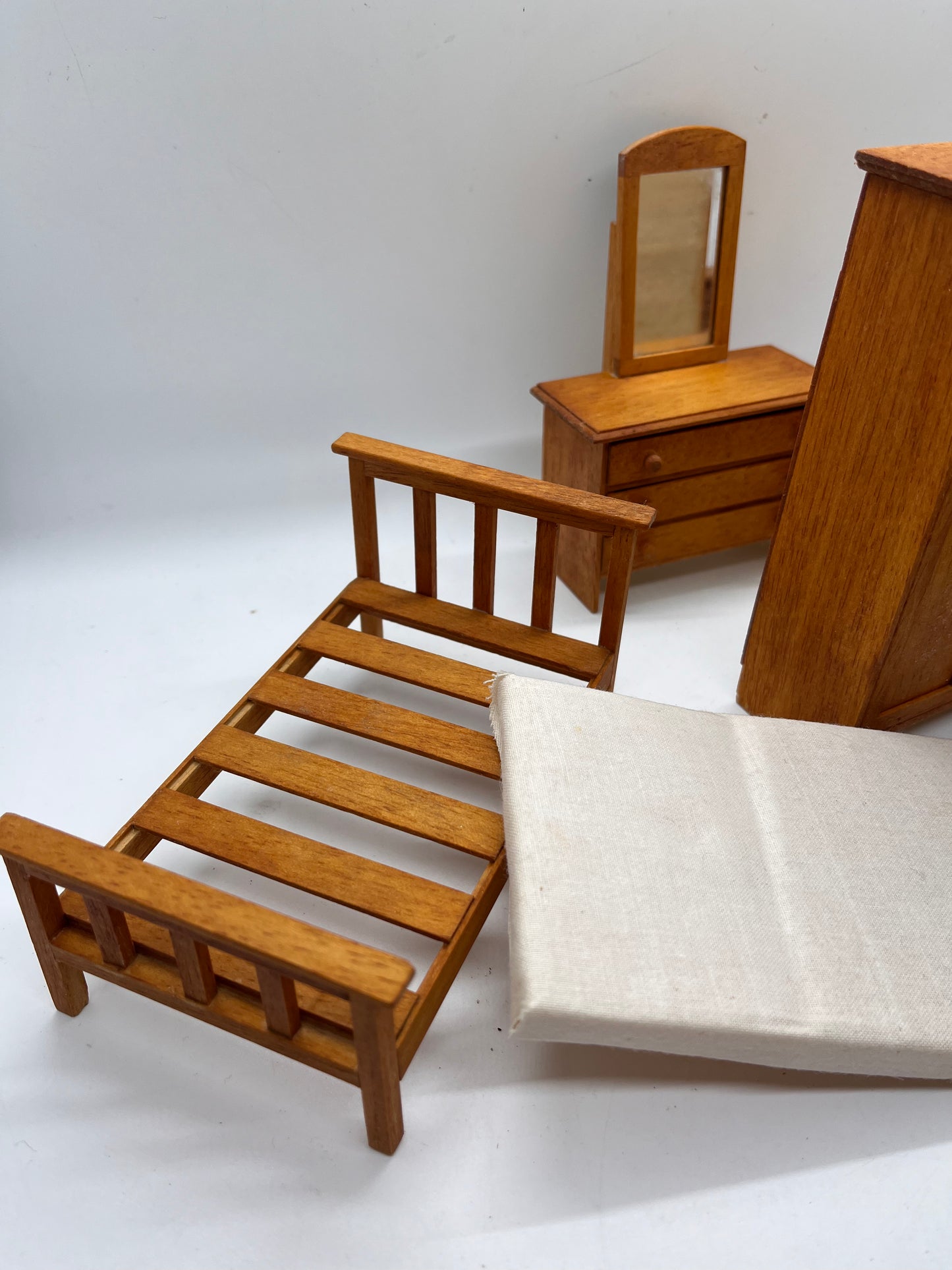 Dolls house bedroom set Wartime? Handmade? Single bed.