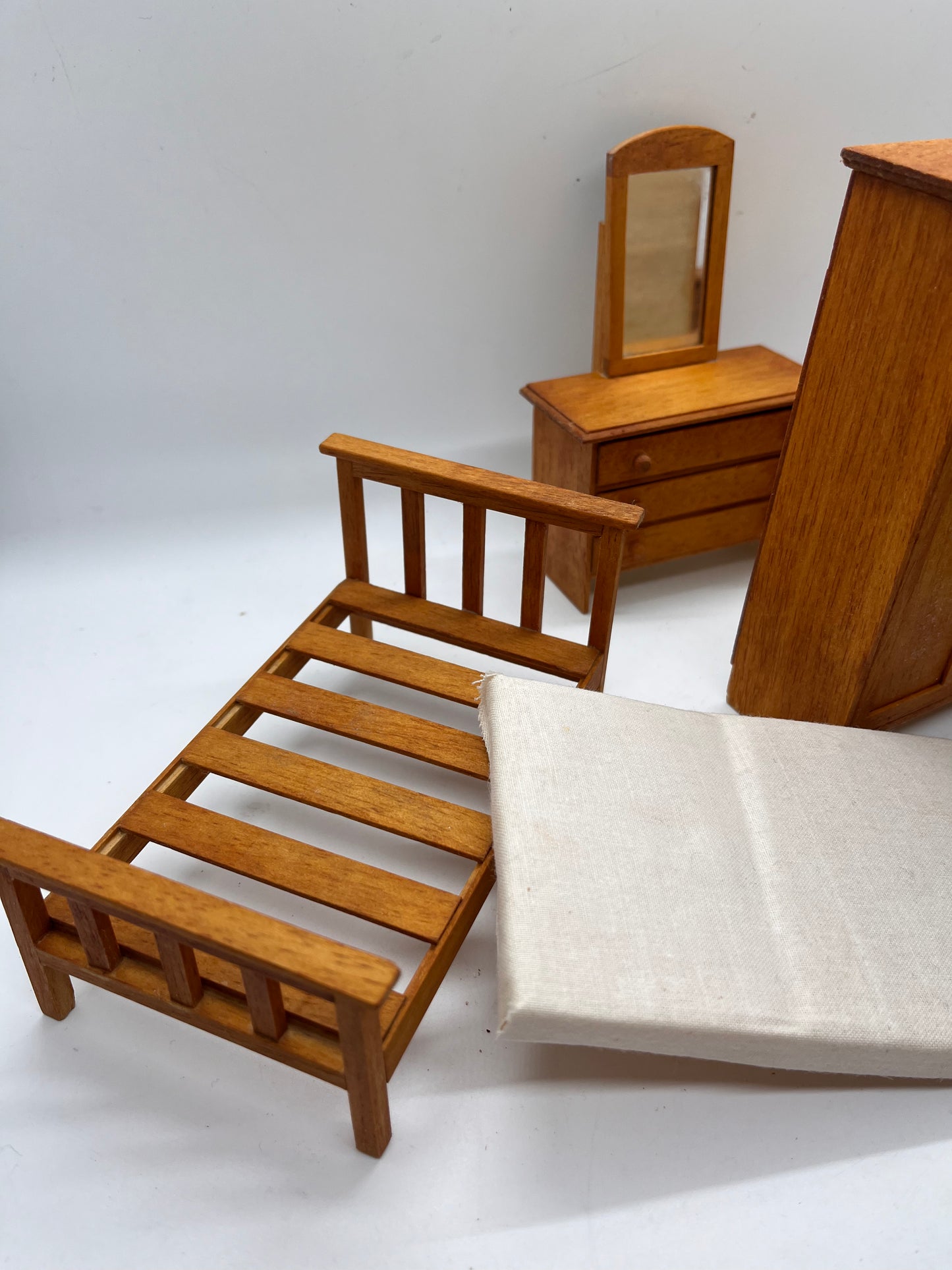 Dolls house bedroom set Wartime? Handmade? Single bed.