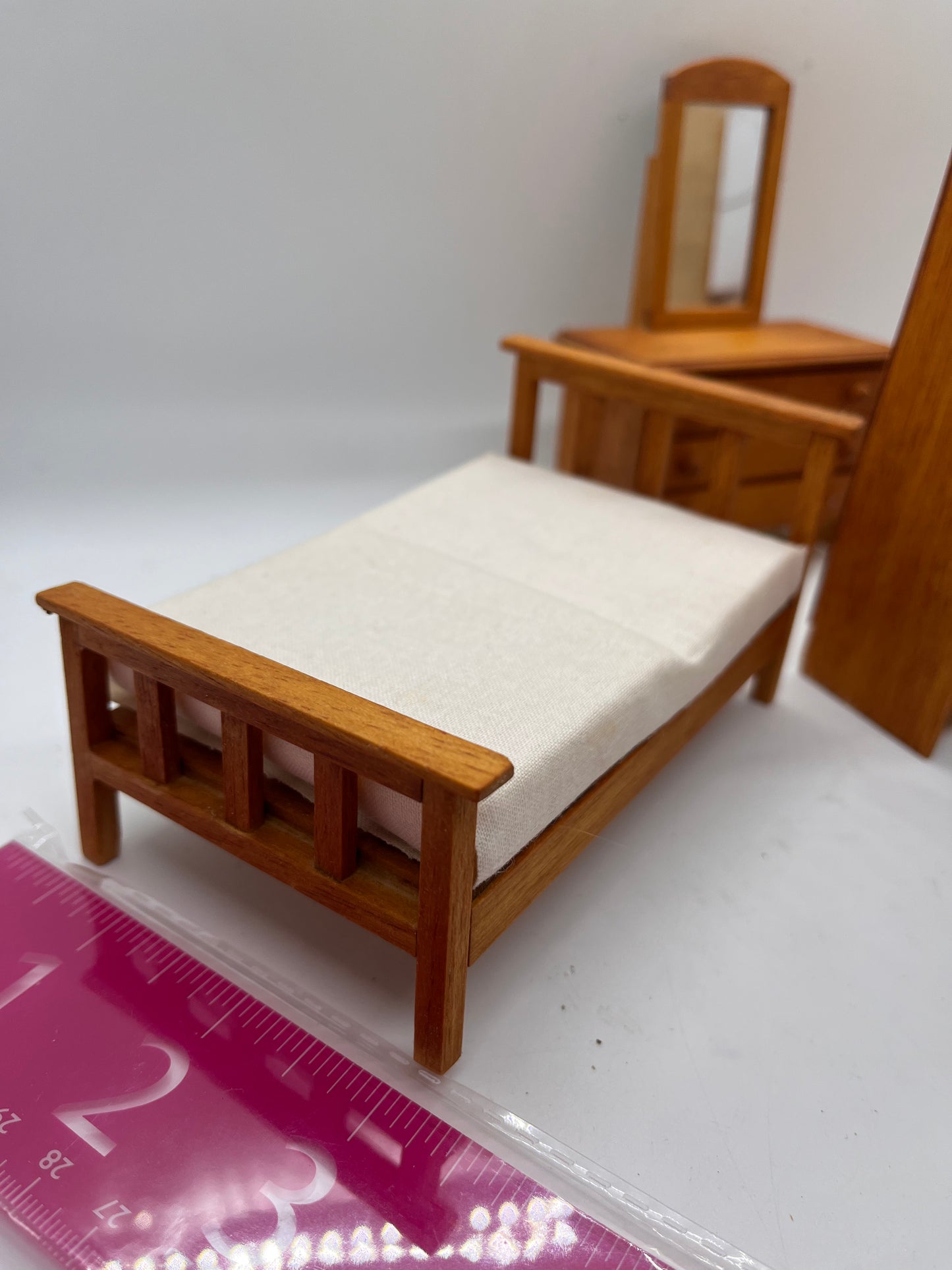 Dolls house bedroom set Wartime? Handmade? Single bed.