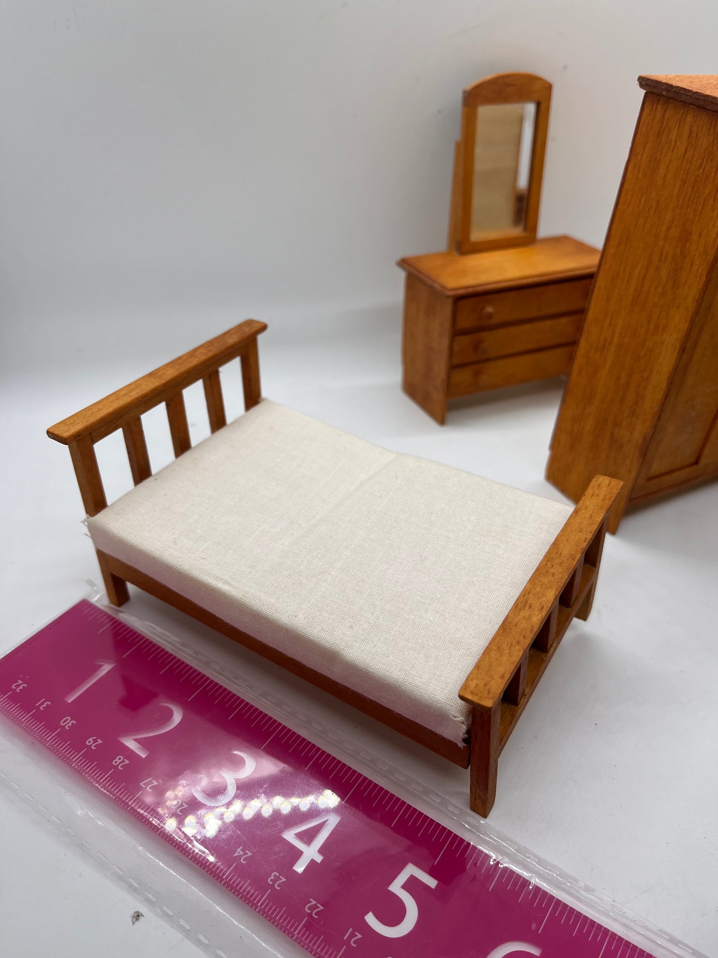 Dolls house bedroom set Wartime? Handmade? Single bed.