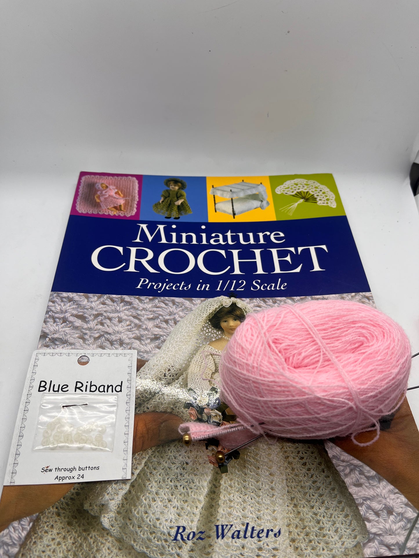 Dolls house miniature crochet book, wool needles and tiny buttons