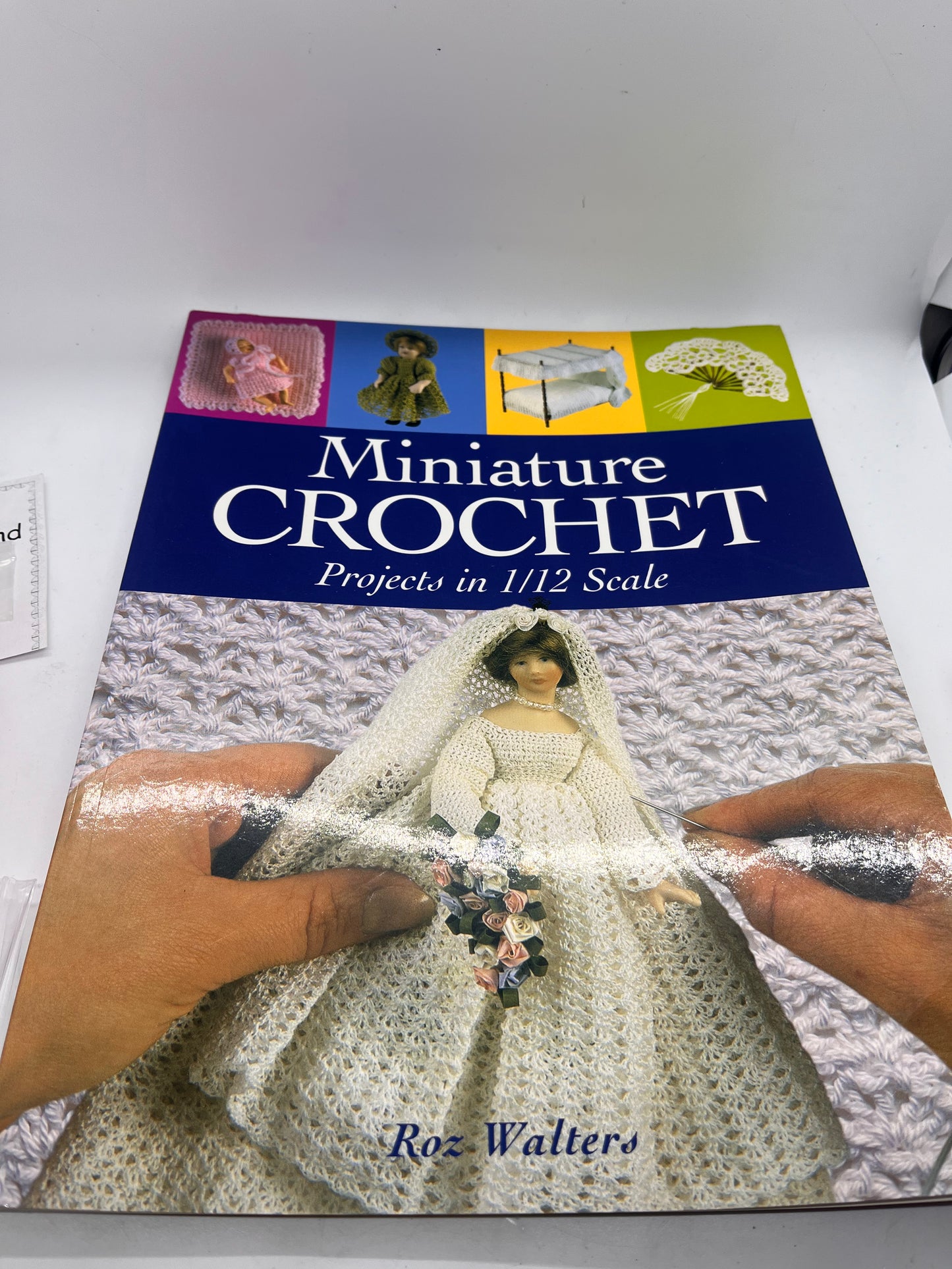 Dolls house miniature crochet book, wool needles and tiny buttons