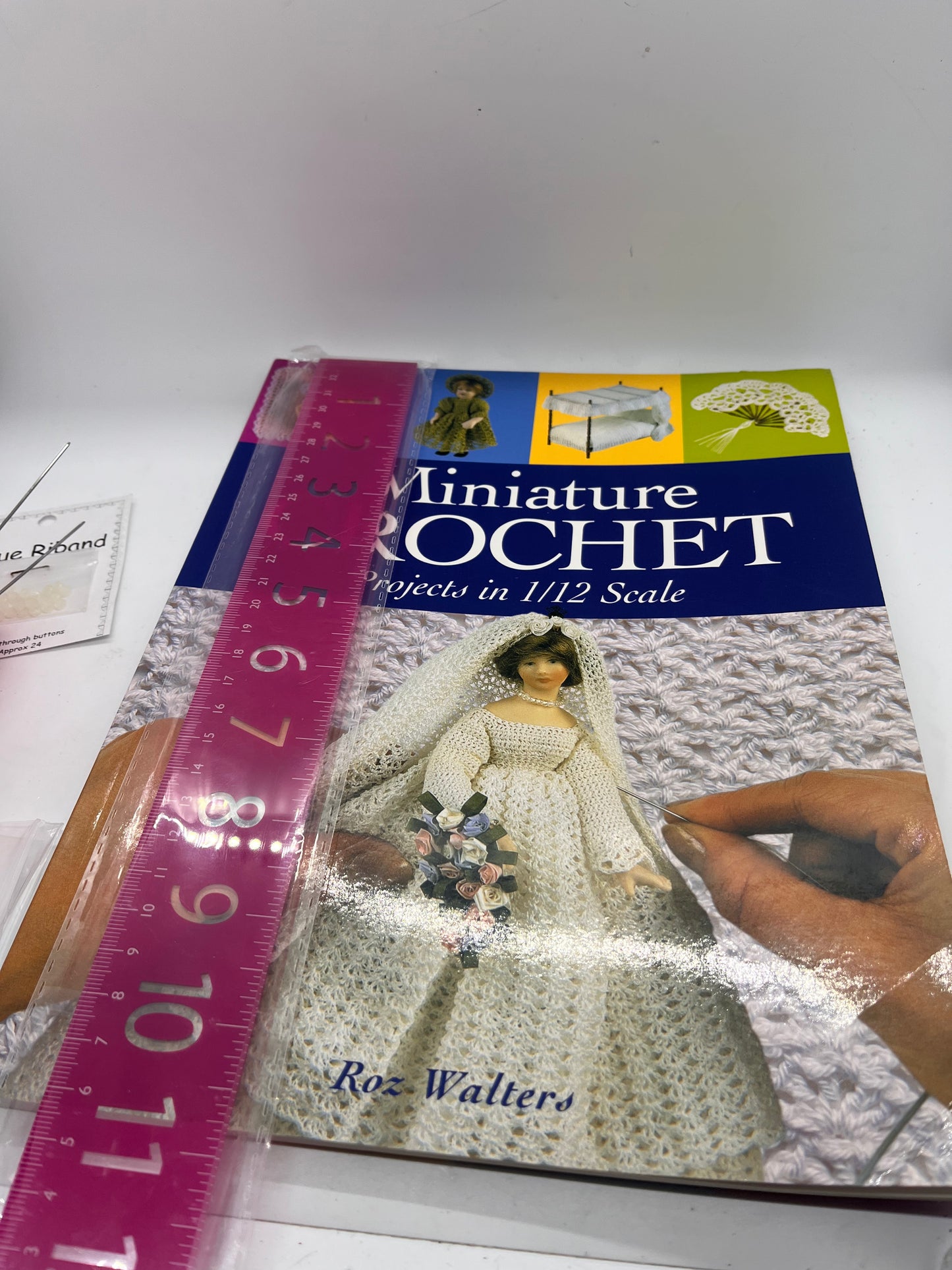 Dolls house miniature crochet book, wool needles and tiny buttons