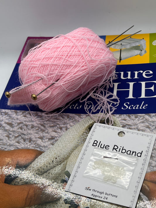 Dolls house miniature crochet book, wool needles and tiny buttons