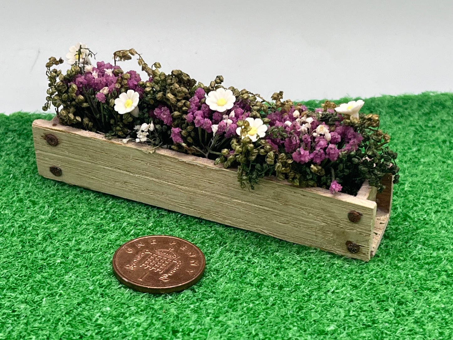 Dolls house wooden planter and flowers