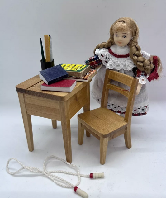 Dolls house school desk, chair & all accessories