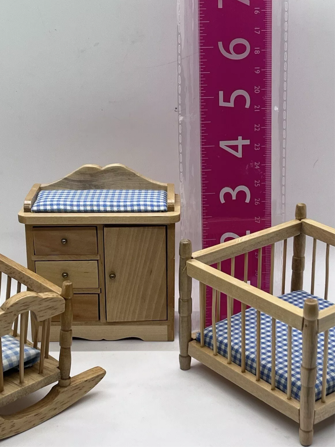 Dolls house wooden nursery set with baby