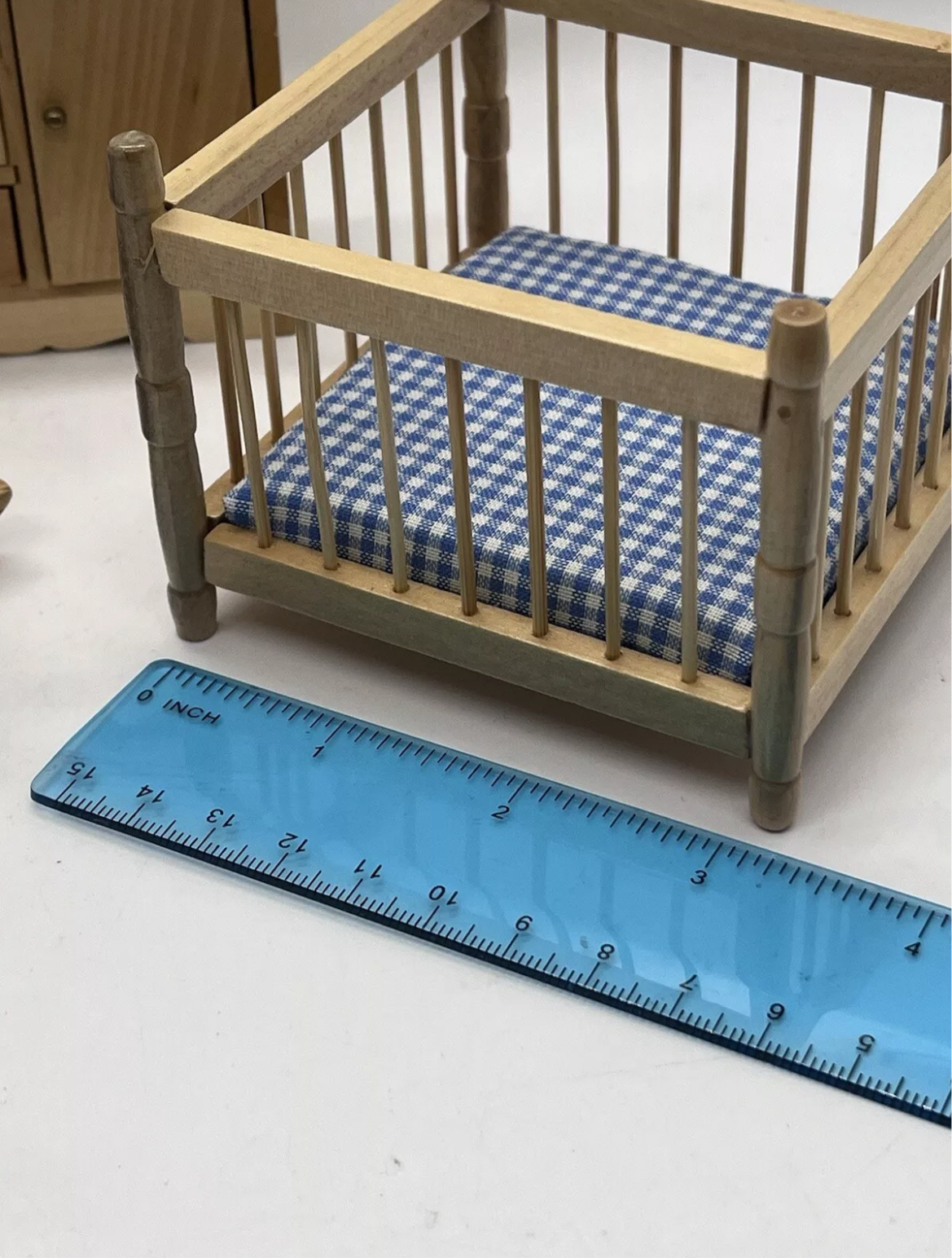 Dolls house wooden nursery set with baby