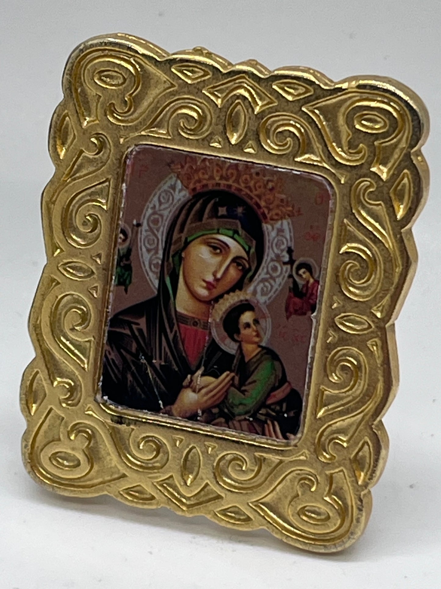 Dolls house metal framed religious print with stand