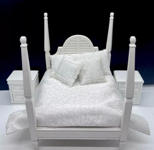 Double wooden four poster bed set & bedding for dolls house
