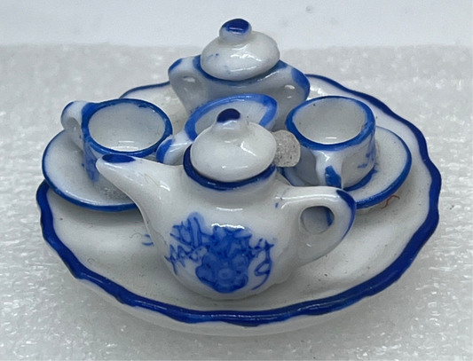 Dolls house tea set on tray