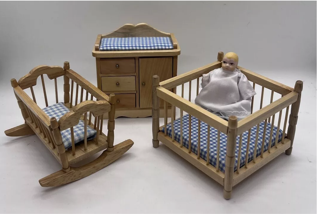 Dolls house wooden nursery set with baby