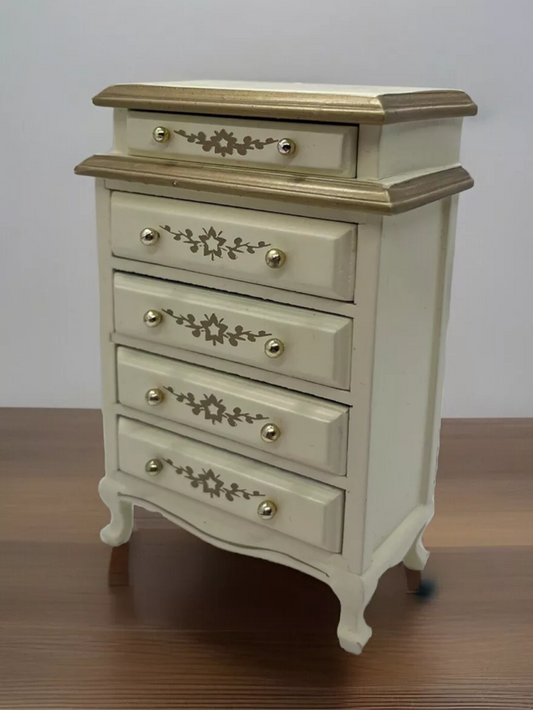Dolls house tall chest of drawers cream and gold