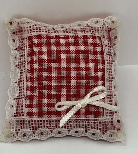 Dolls house gingham cushion with frill & bow