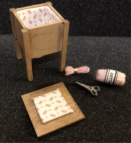 Dolls house artisan handmade sewing box and accessories