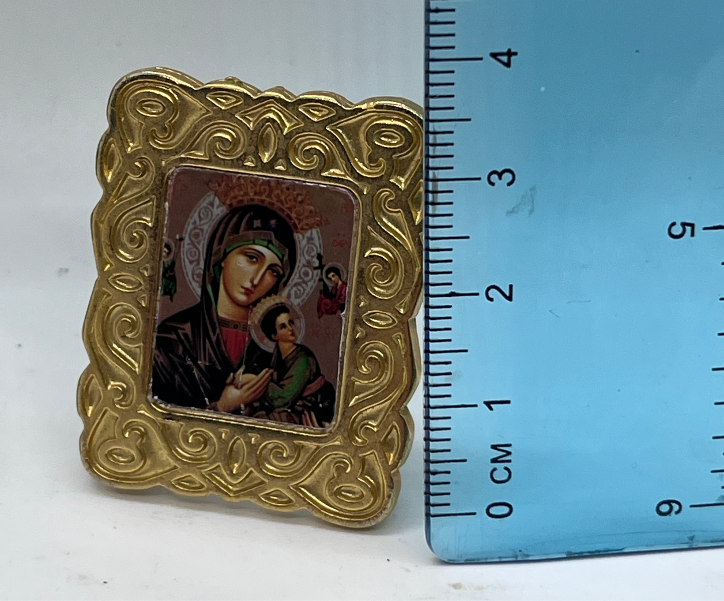 Dolls house metal framed religious print with stand